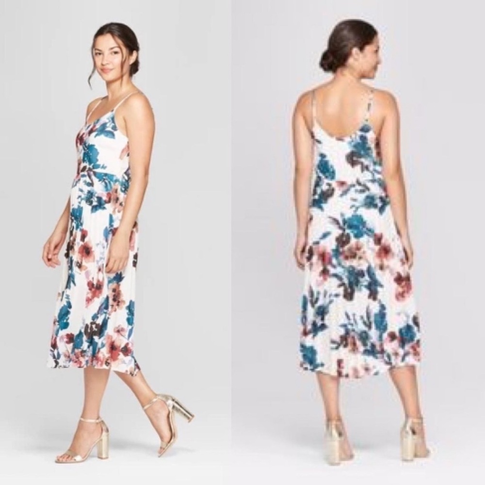 A New Day Floral Midi Dress - White, Blue, Pink